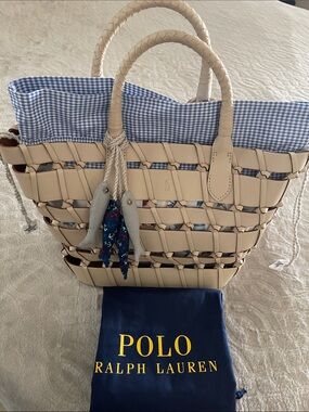 NEW Polo by Ralph Lauren Cream Woven Leather Satchel with pouch